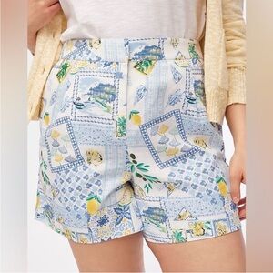 J. crew Printed elastic-back linen-blend pleated short lemon beach novelty print